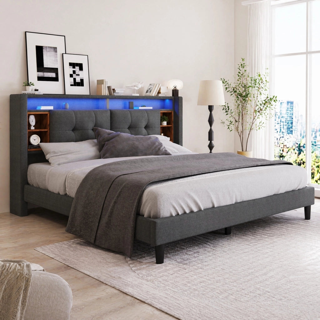 LETTO matrimoniale 140x200 cm grigio con testiera contenitore, USB e LED