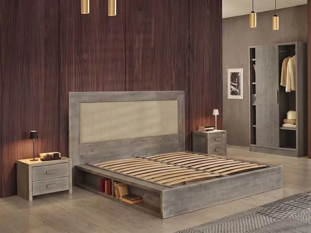 Letto cortina matrimoniale in legno di abete grigio con vani laterali - Mobili 2G
