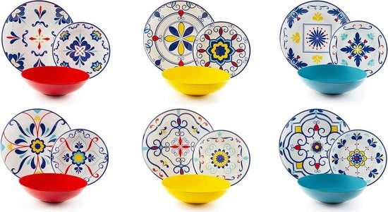 Servizio da 6 persone in porcellana e ceramica multicolore a 18 pezzi.