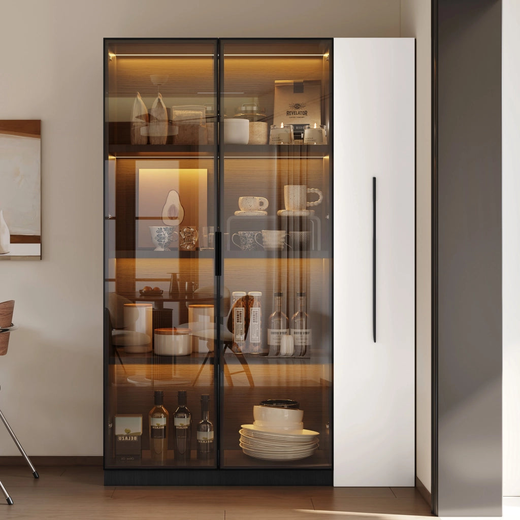 Multifunzione armadio alto 110,5×35×160 cm con vetrina in vetro, LED e ripiano estraibile laterale