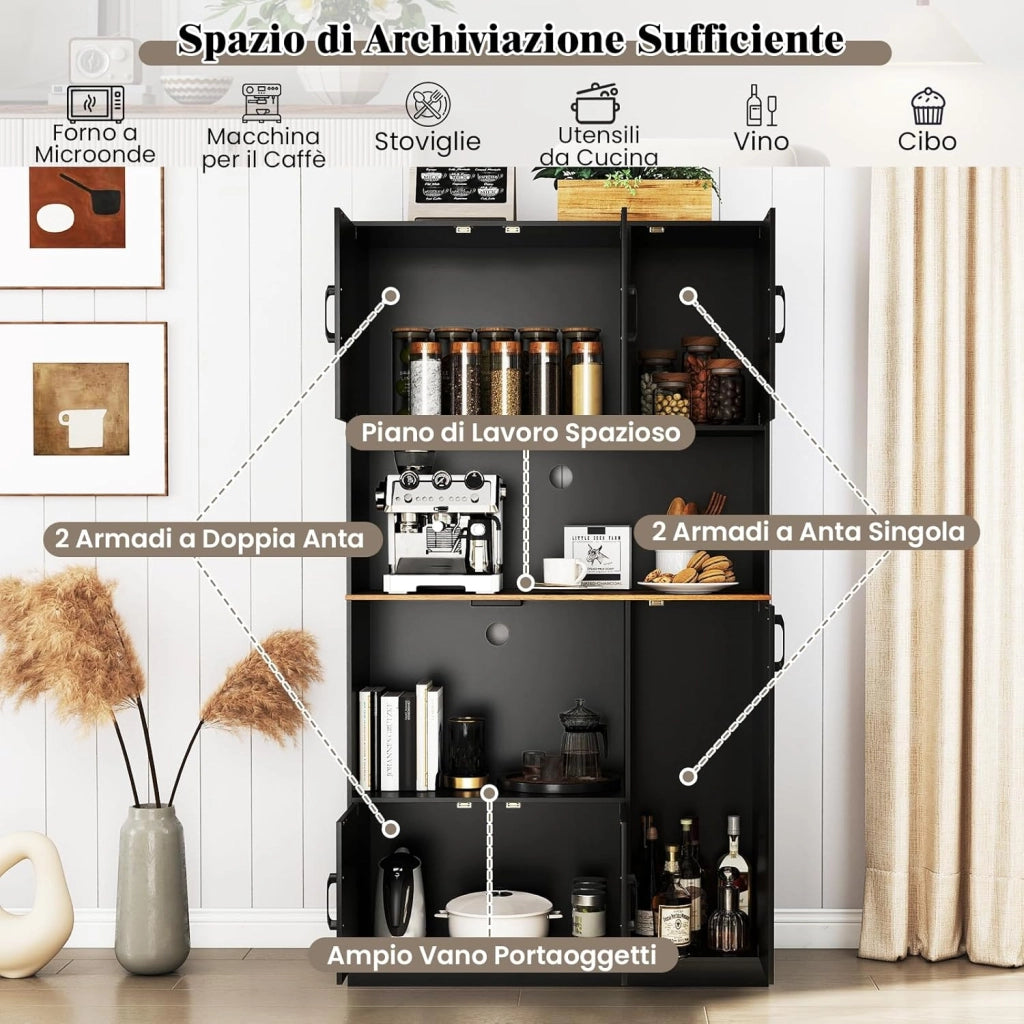 Armadio Dispensa Alto 180 cm, Credenza da Cucina con Presa di Corrente e 4 Ante, per Cucina, Sala da Pranzo e Soggiorno, 100 x 40 x 180 cm (Nero)