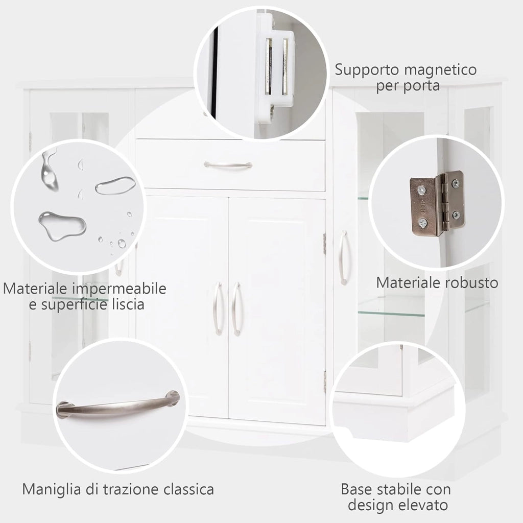 Armadio da Cucina, Armadietto Credenza con Ante in Vetro, Tavolo di Legno per Stoviglie, Armadietto con 2 Cassetti, Credenza per Cucina e Salone (Bianco)