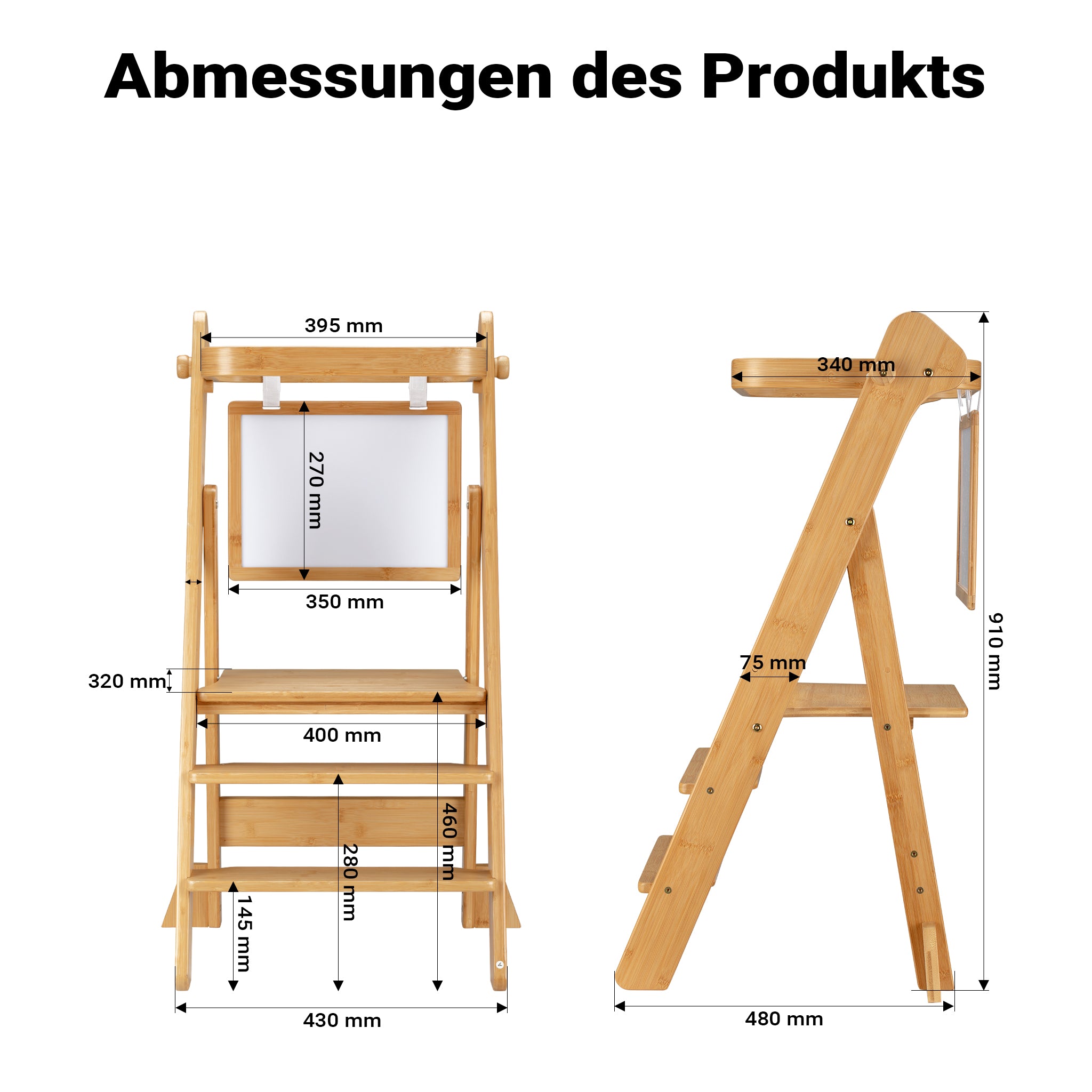 Torre di apprendimento pieghevole per bambini 43 x 48 x 91 cm in bambù, torre montessoriana regolabile in altezza per bambini, sgabello per bambini con barra di protezione