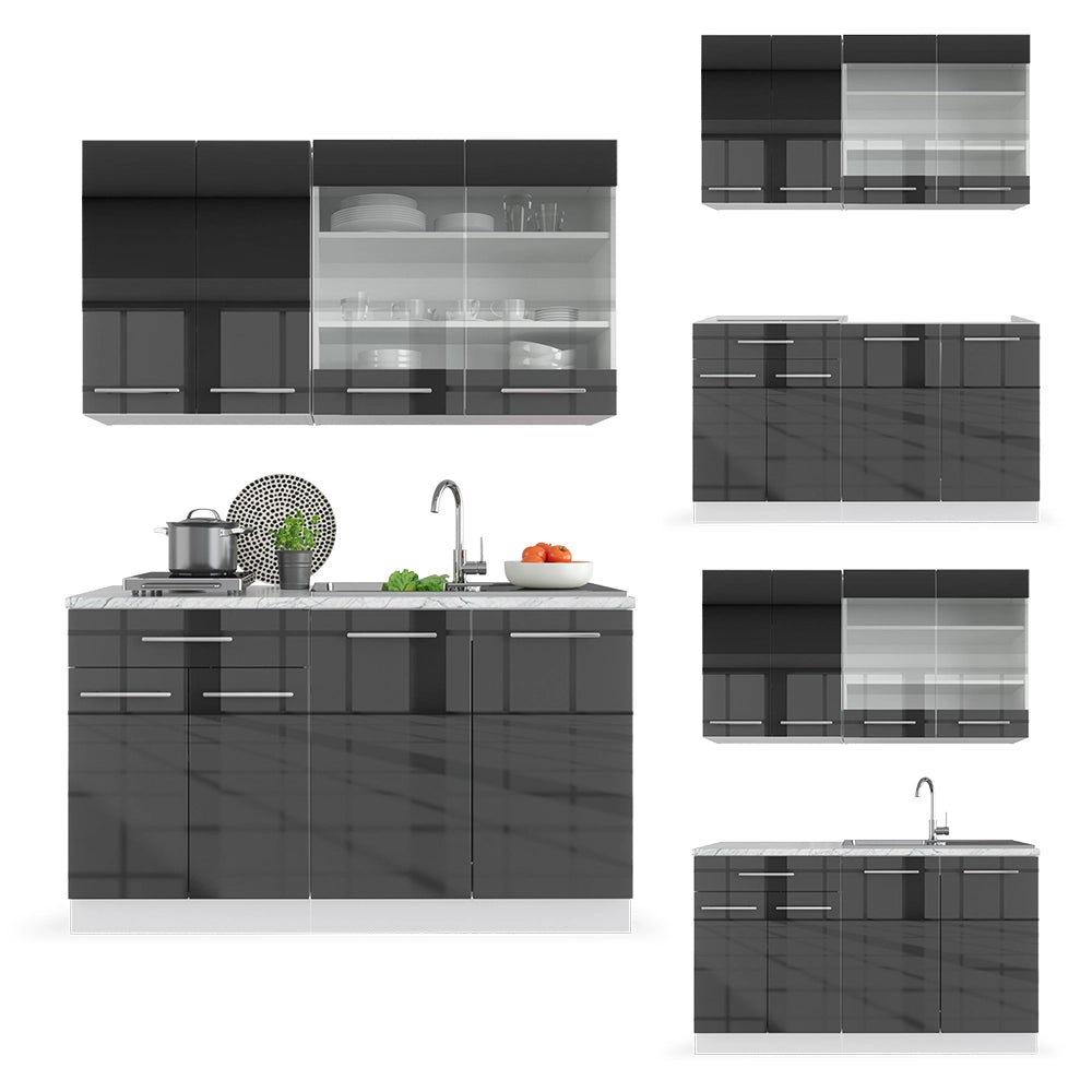 Cucina completa Fame-Line Antracite lucido/Bianco 140 cm, PL Marmo Vicco