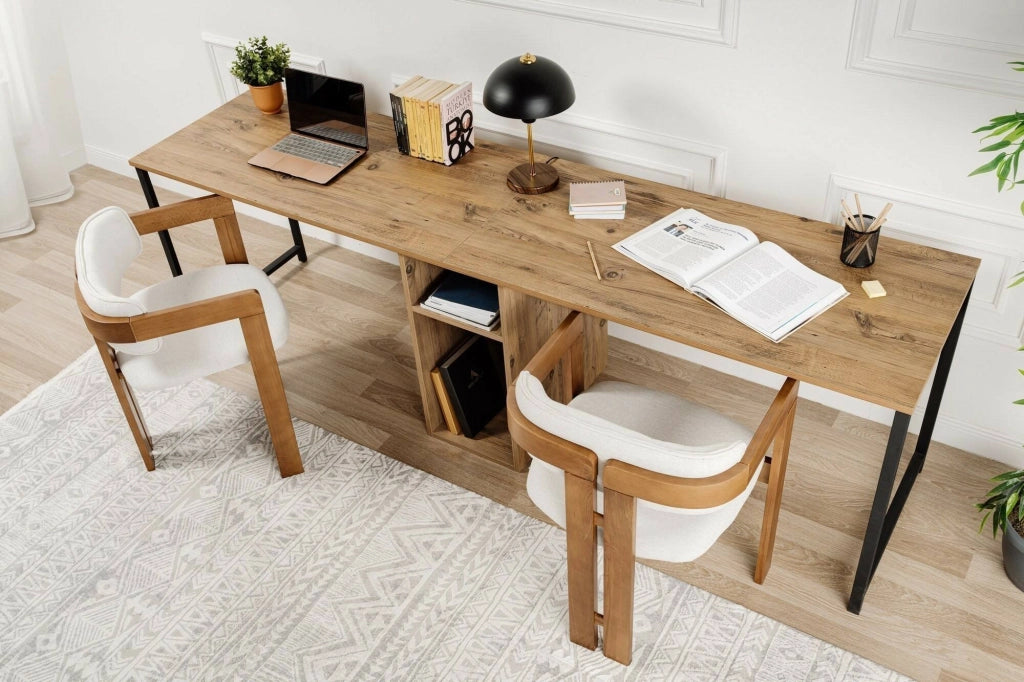 Scrivania Violet, Scrittoio multiuso, Tavolo per ufficio porta PC, Piano di lavoro, 240x60 h74 cm, Pino e Nero