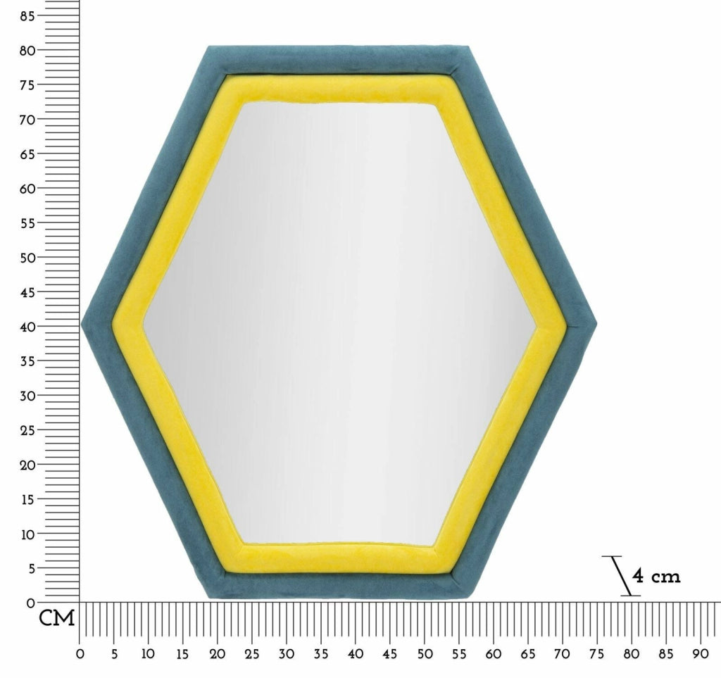 Specchio Balla, Specchiera, Articolo d'arredo a muro, Decorazione con specchio, 75x4 h80 cm, Blu e Giallo