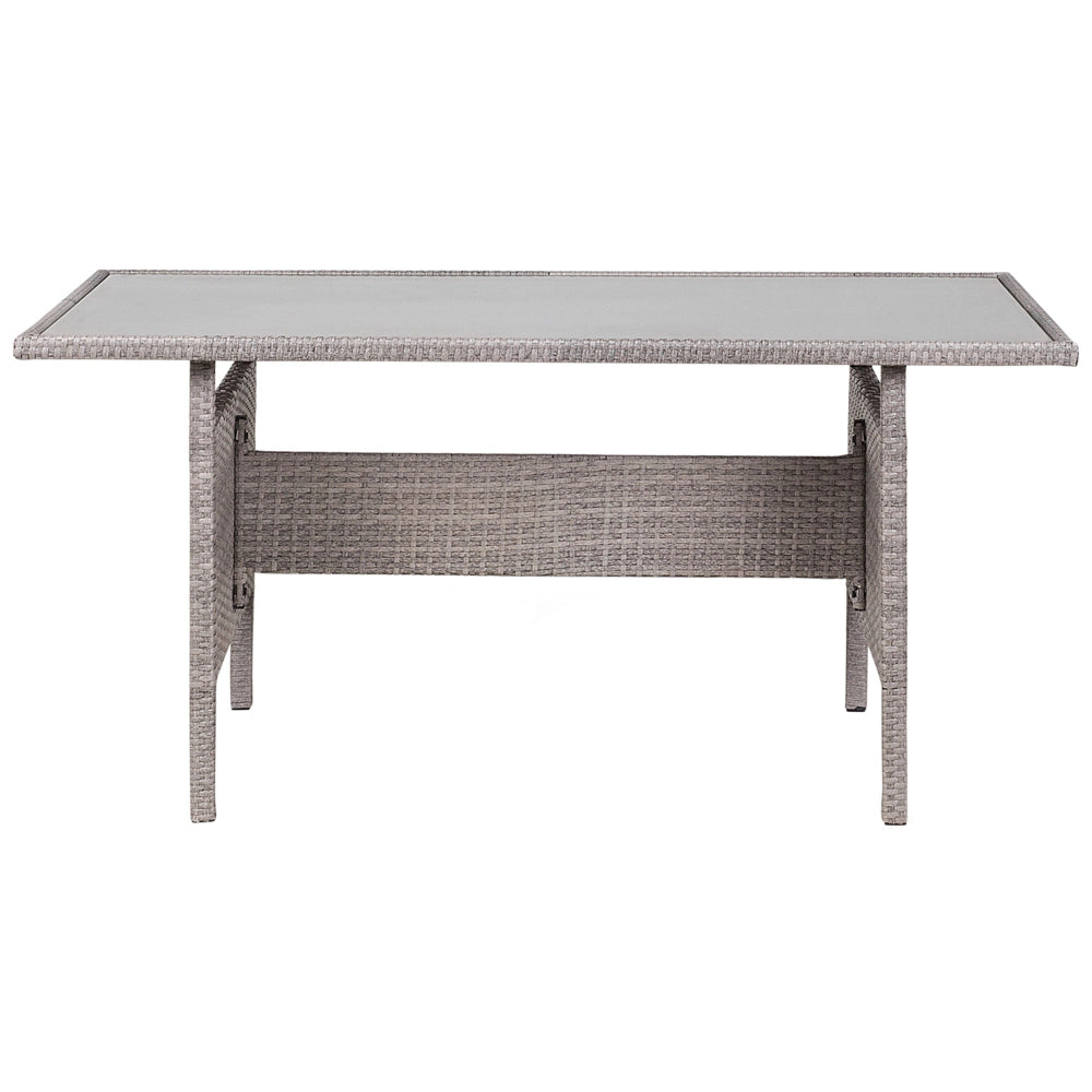 Tavolo da pranzo in vimini grigio per esterni, 145 x 80 cm piano rettangolare in vetro temperato 4 posti a sedere