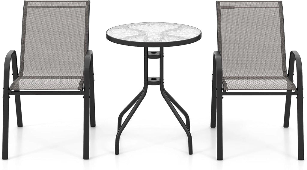 Set di 2 Sedie da Giardino con Tavolo in Vetro, Schienale Alto e Seduta Larga, Telaio in Acciaio Verniciato a Polvere, Tessuto Textilene Traspirante, per Balcone e Esterno (Grigio)