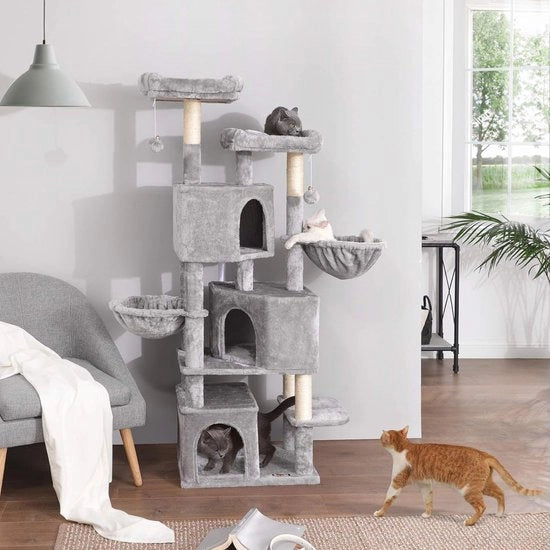 Albero per gatti grande, con 3 grotte per gatti, 164 cm, colore grigio chiaro PCT98W