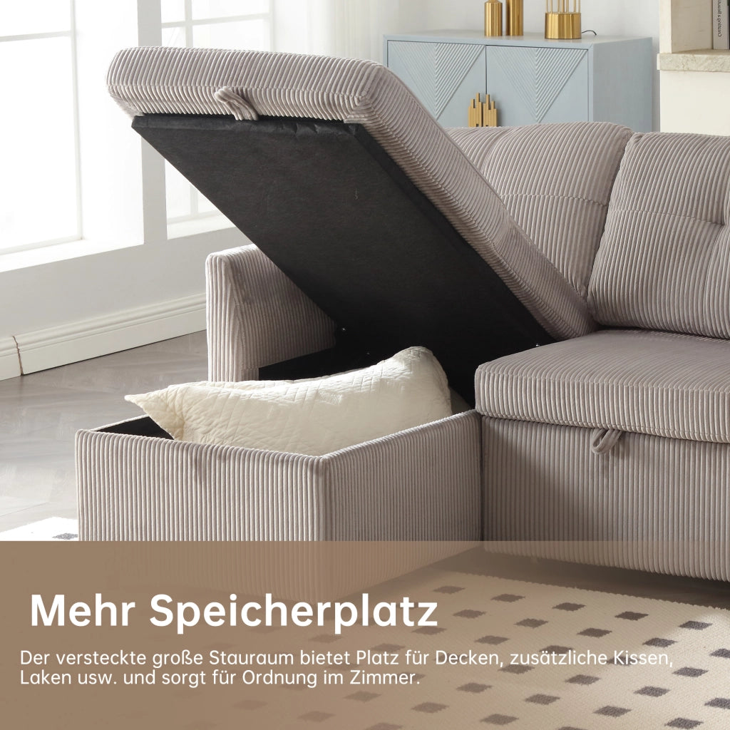 Divano letto modulare con contenitore e seduta reversibile in velluto a coste grigio chiaro 206 × 108 × 66 cm