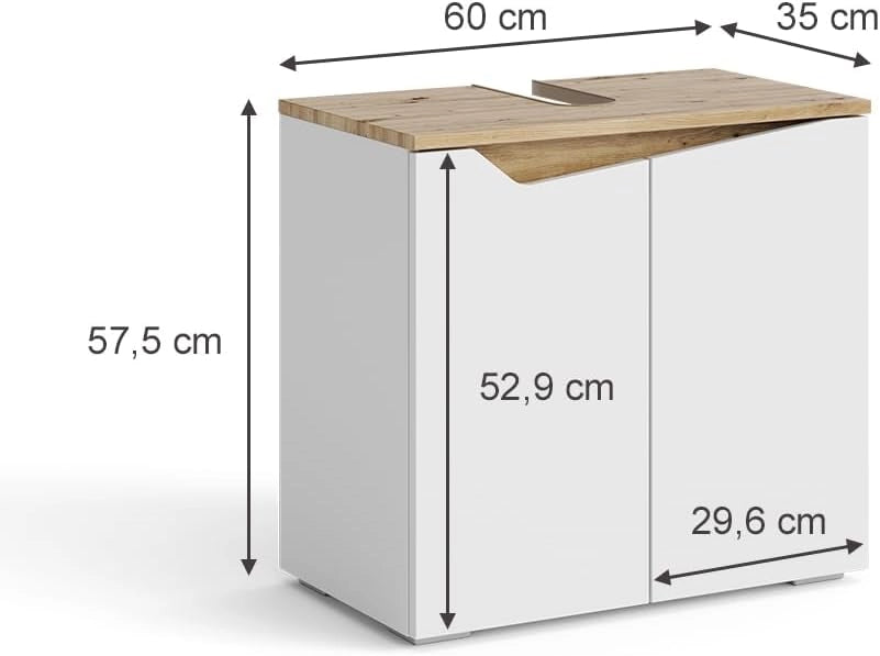 Mobile sottolavabo per bagno Marelle, Bianco/Artisan, 60 x 57.5 cm con 2 porte, con ritaglio per sifone per il montaggio sotto il lavabo