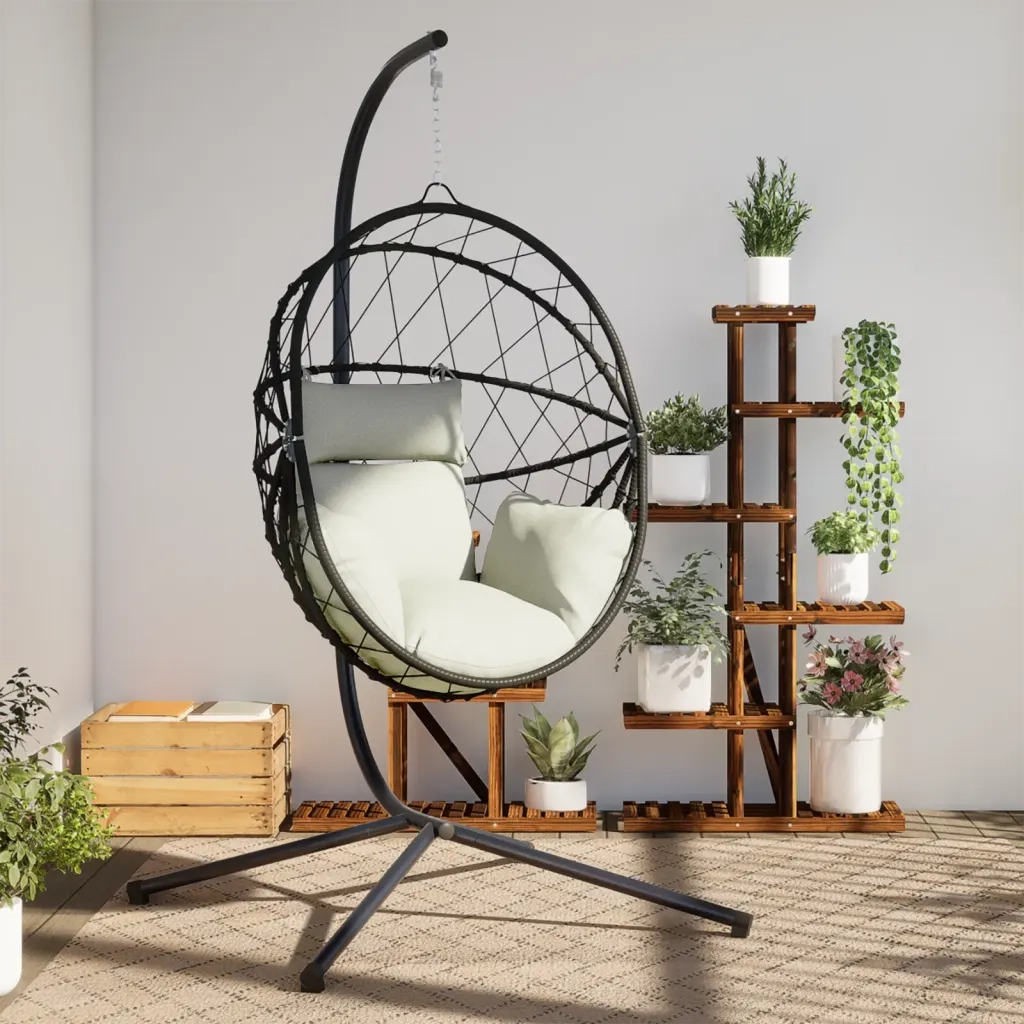 Sedia a Uovo Sospesa con Supporto Beige in Polyrattan e Acciaio CFW7667965