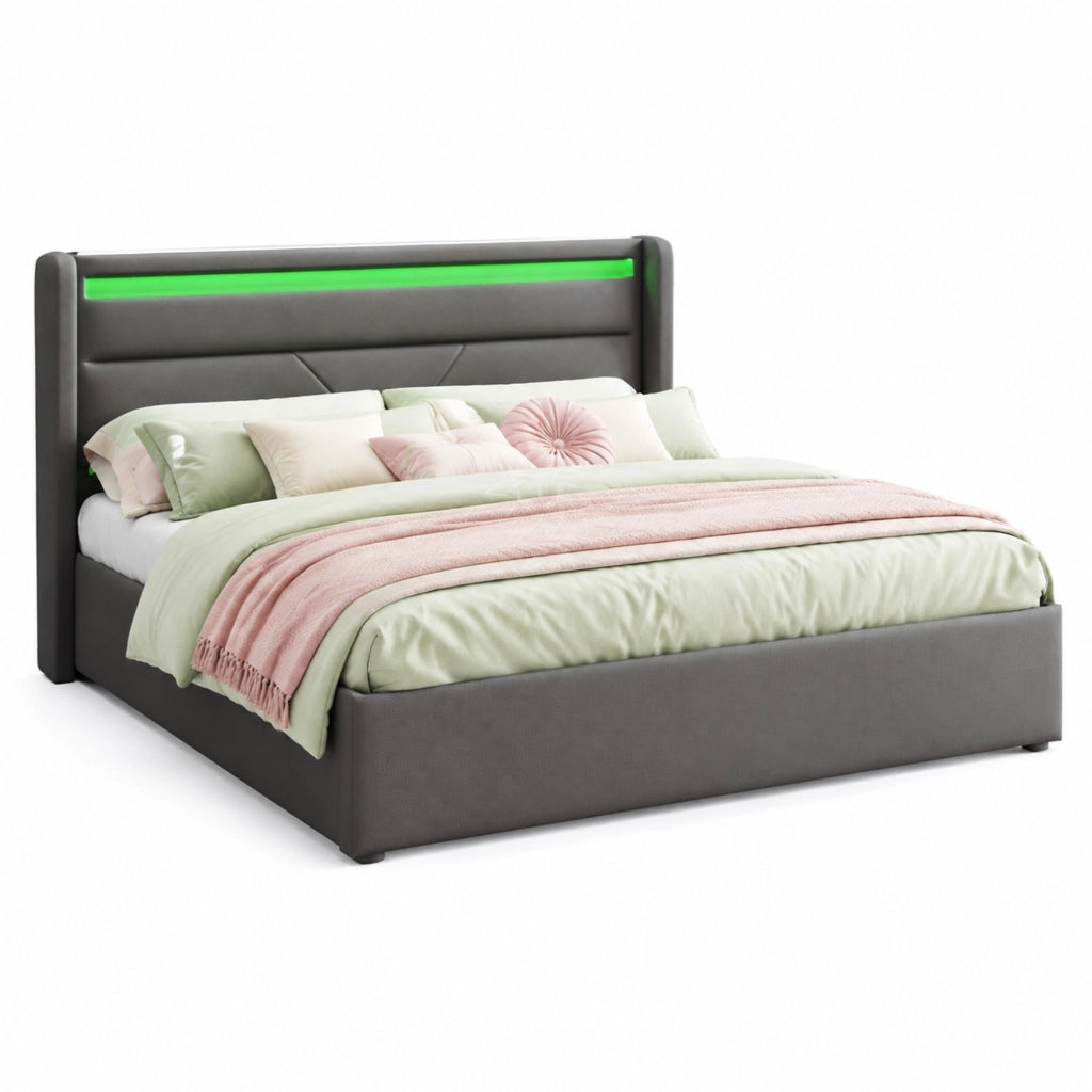 Letto matrimoniale imbottito 160x200 cm con LED e contenitore idraulico, grigio