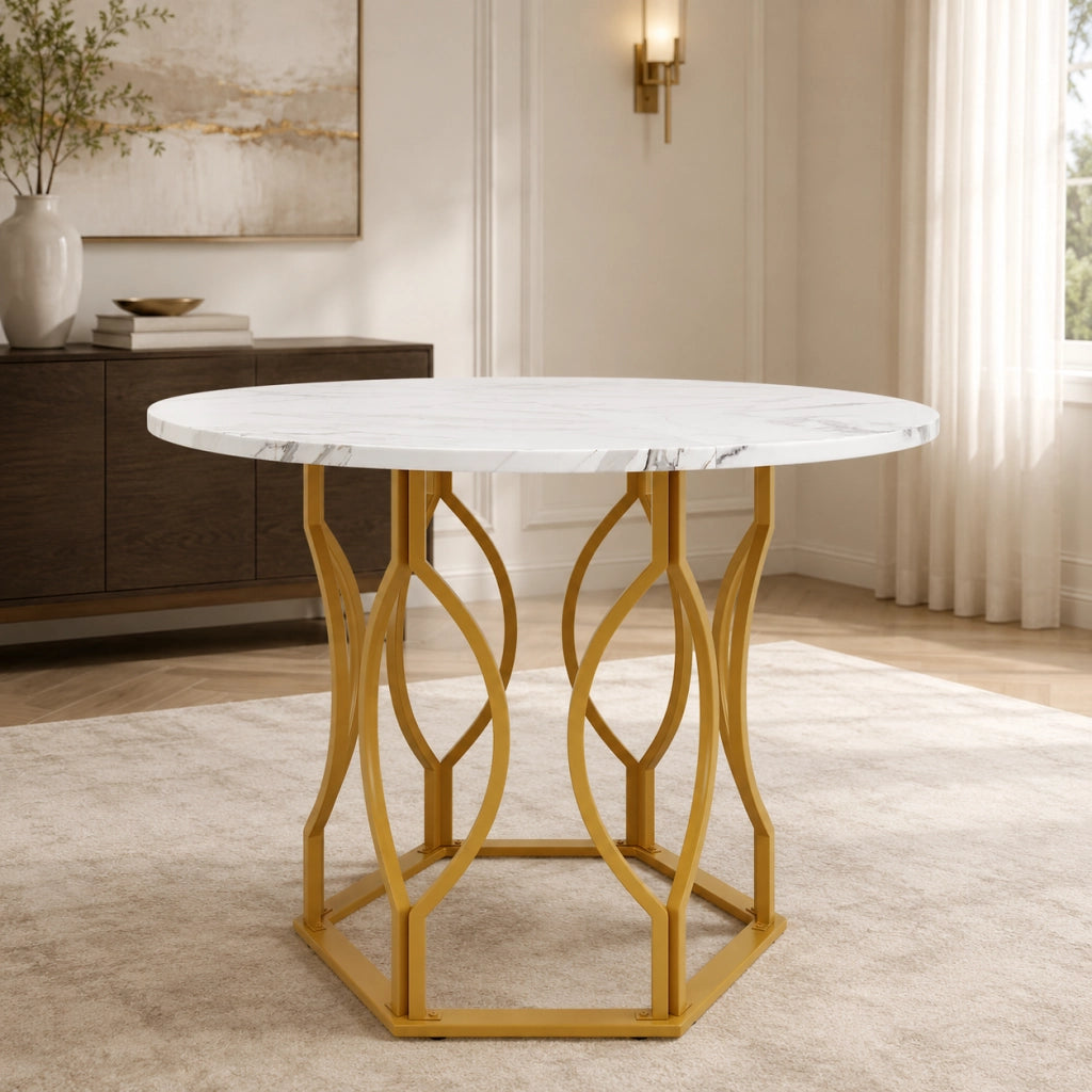 Tavolo da pranzo 100x100x76 cm con piedini regolabili in MDF e metallo dorato e bianco