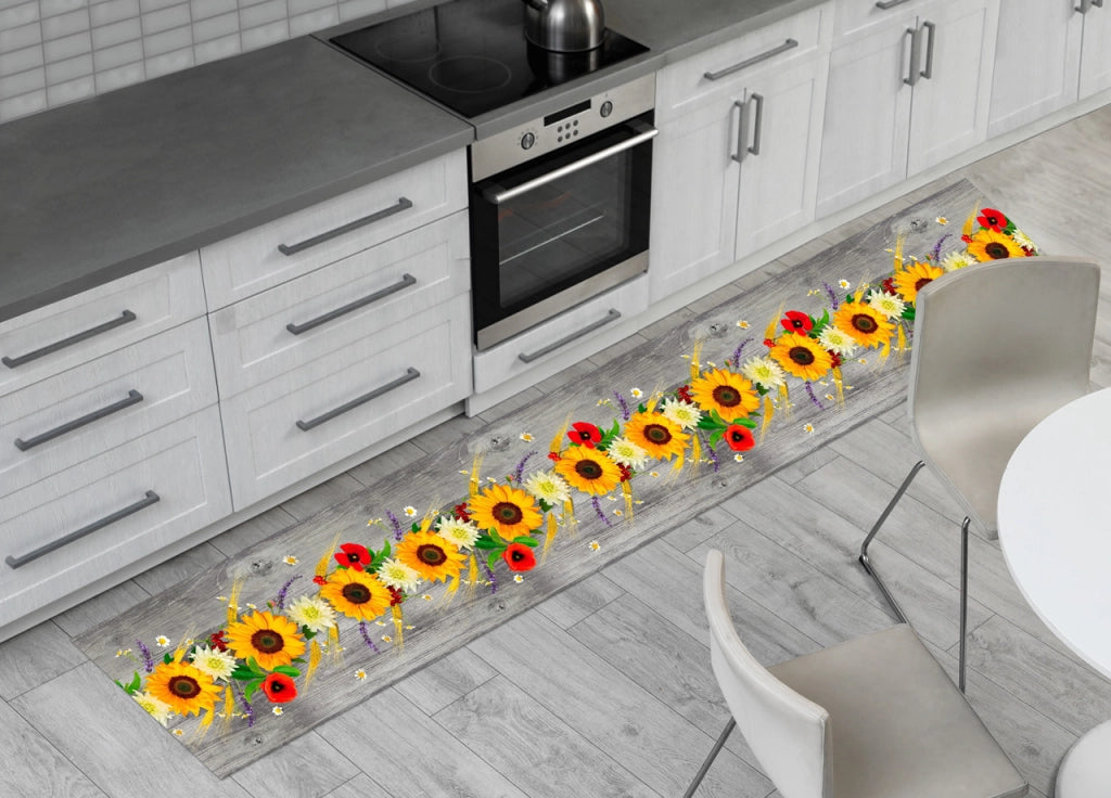 Tappeto Passatoia Cucina Antiscivolo Sottolavello Digitale Disegni Floreali - 50x180 - Girasoli Papaveri