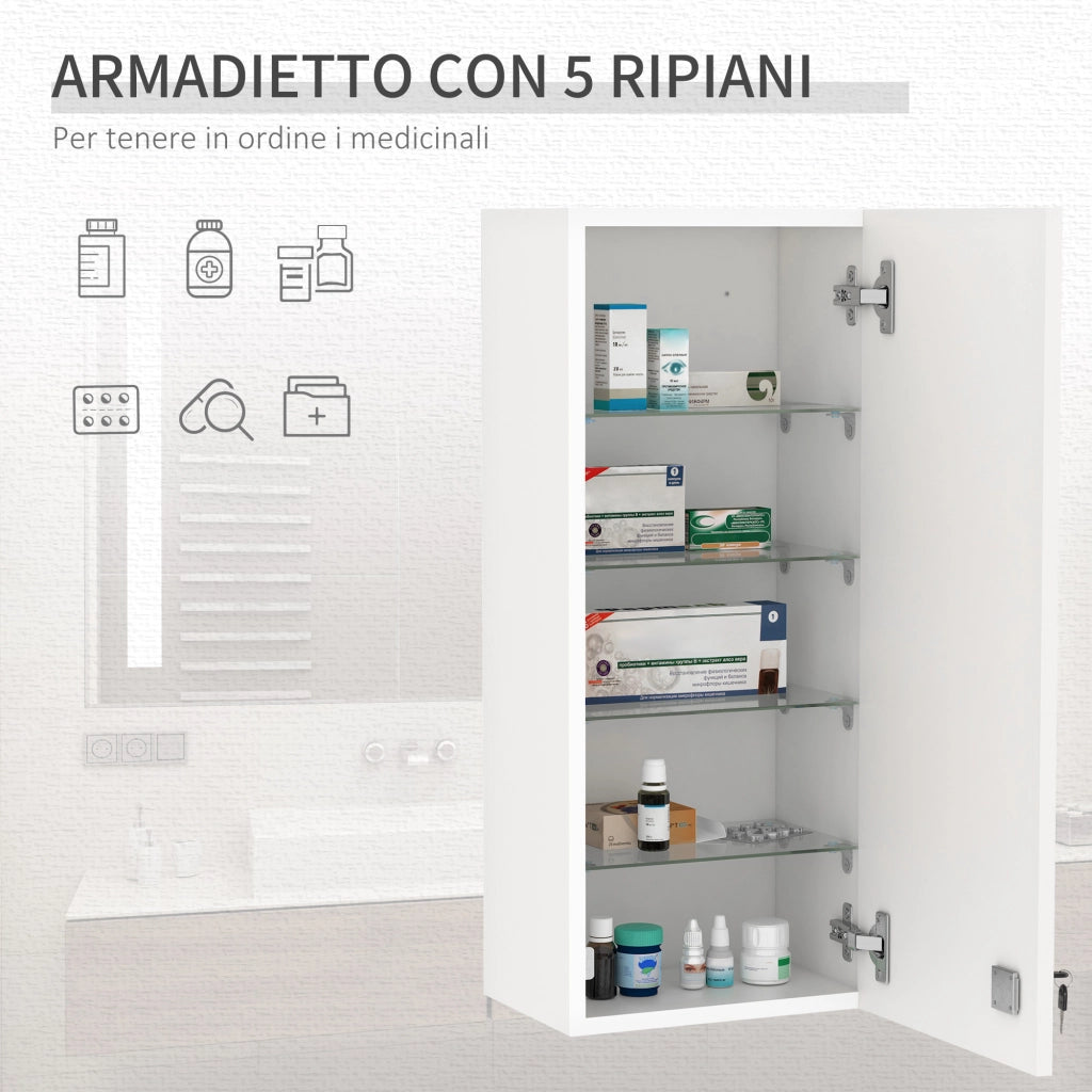 EasyComfort Armadietto Medicinali a Muro con Serratura, 5 Ripiani e Mensole Regolabili, in Legno e Vetro, Bianco, 30x20x70cm