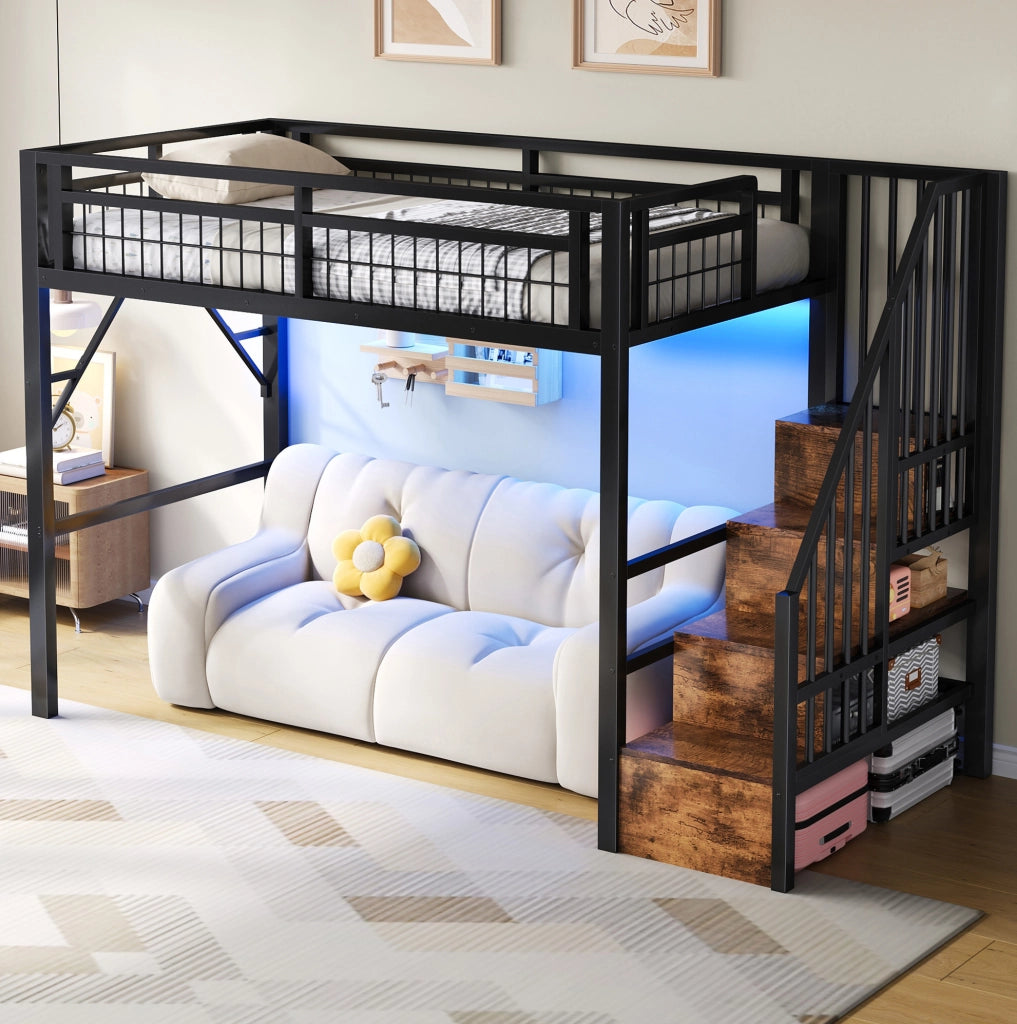 Letto a soppalco 90x200 cm in metallo e MDF con LED controllabile da app e scale con contenitore; nero