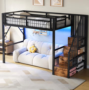 Letto a soppalco 90x200 cm in metallo e MDF con LED controllabile da app e scale con contenitore; nero