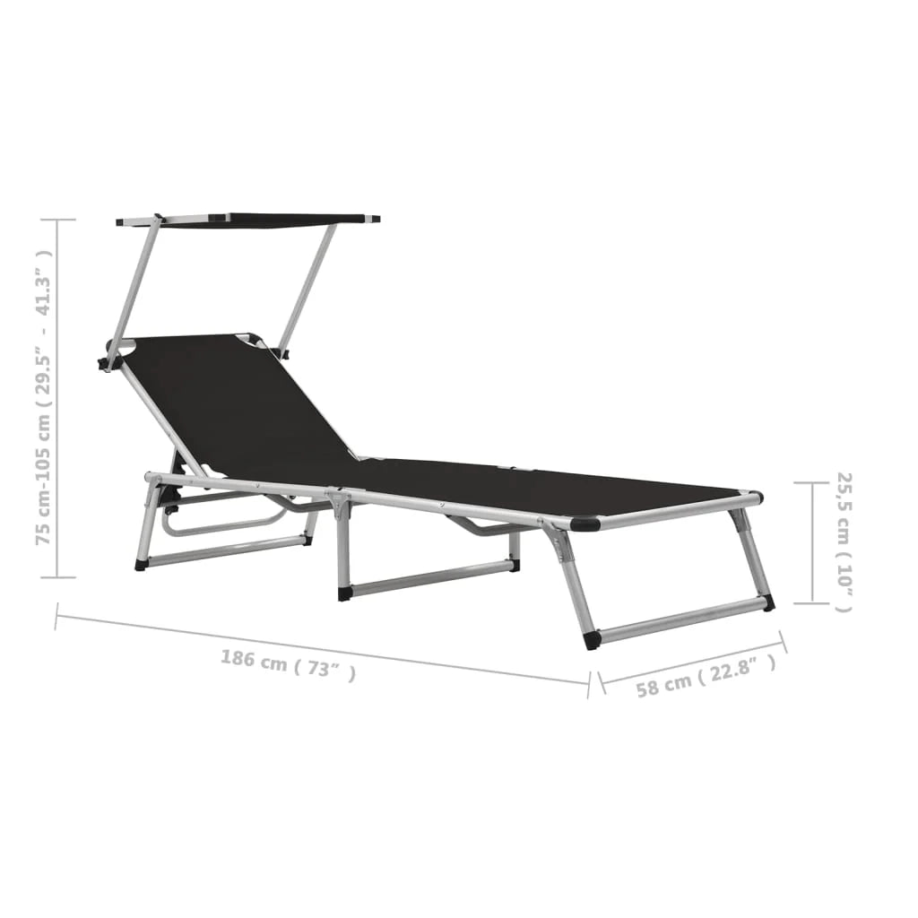 Lettino prendisole sedia a sdraio lettino prendisole letto da giardino mobili da giardino mobili da esterno pieghevoli con tettoia in alluminio nero e textilene 02_0012819