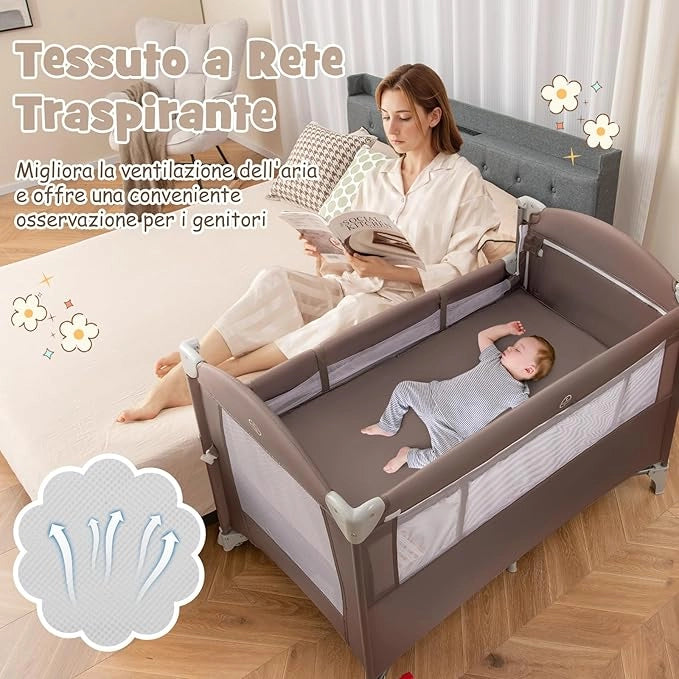 4 in 1 Lettino per Bambini con Materasso, Lettino Culla da Viaggio per Neonati, Culla Neonato con Fasciatoio, Box Portatile Pieghevole, con Ruote e Borsa, 125 x 65 x 119 cm (Caffè)
