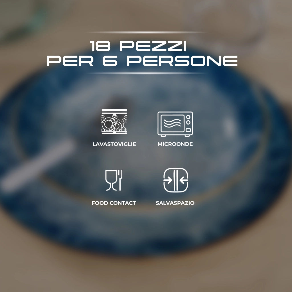 Set Piatti 18 Pezzi in Porcellana per 6 Persone Servizio Tavola Moderno Blu