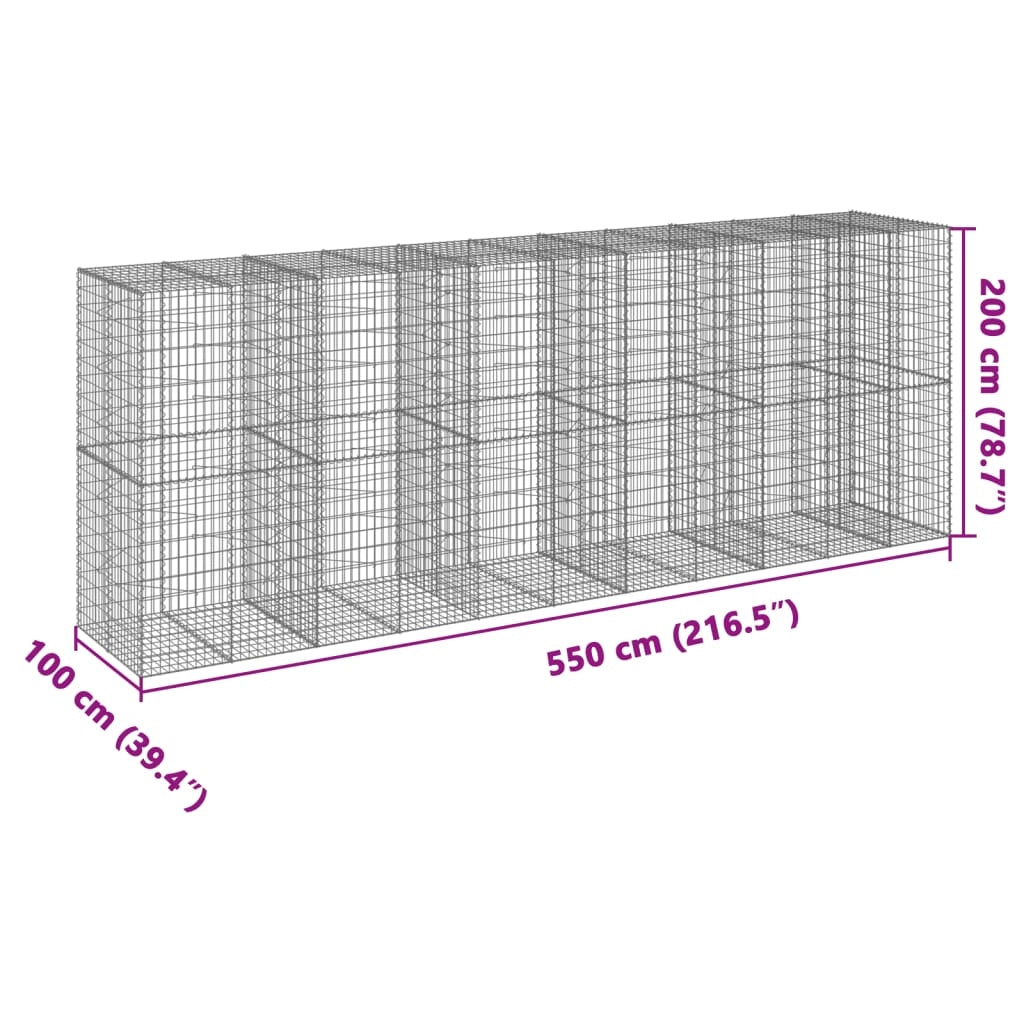 Gabbione recinto a gabbia muro di contenimento con coperchio 550 x 100 x 200 cm ferro zincato argento 02_0040178