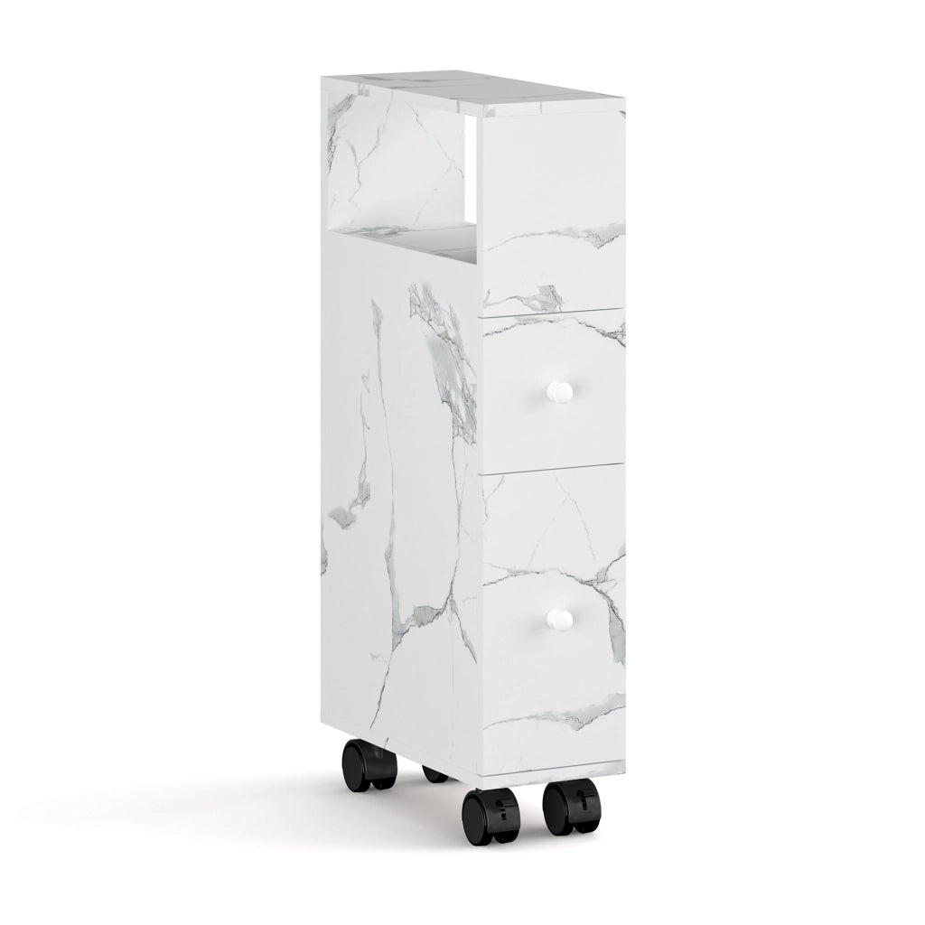 Mobile da Bagno Broreynna a Rotelle con 2 Cassetti 66 x 15 x 33 cm - Effetto Marmo Bianco [en.casa]