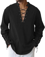 Camicia Uomo - Stile Medievale - Lunghe Maniche - Collo Alzato - Tessuto Aria - Cintura Comoda - Maglia Uomo