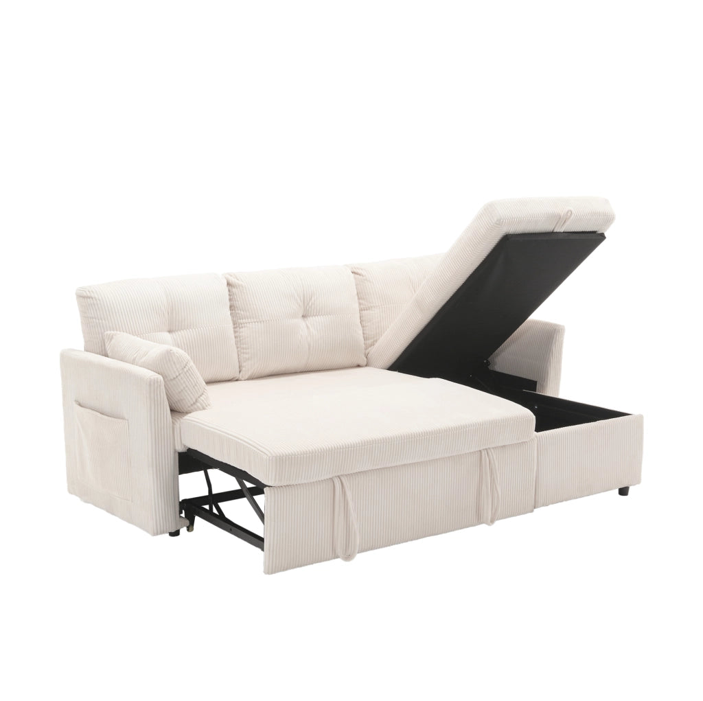 Divano letto modulare beige in velluto a coste con contenitore