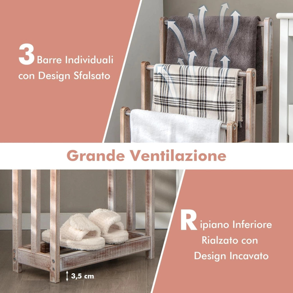 Portasciugamani in Legno da Terra, Porta Asciugamani a 3 Livelli con Mensola Inferiore, Dispositivo Anti-Ribaltamento, Supporto Leggero per Asciugamani da Bagno e Stanza Lavanderia (Bianco)