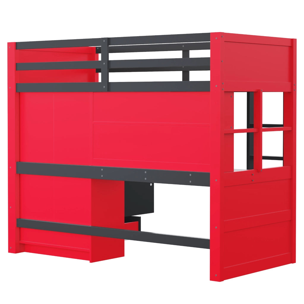 Letto a soppalco singolo 90×200 cm con scala; LED; prese; armadio e cassetti; senza materasso; legno; nero e rosso