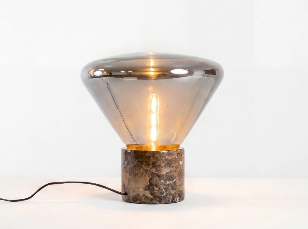 Lampada da tavolo in vetro fumé grigio effetto specchio e marmo porcellanato