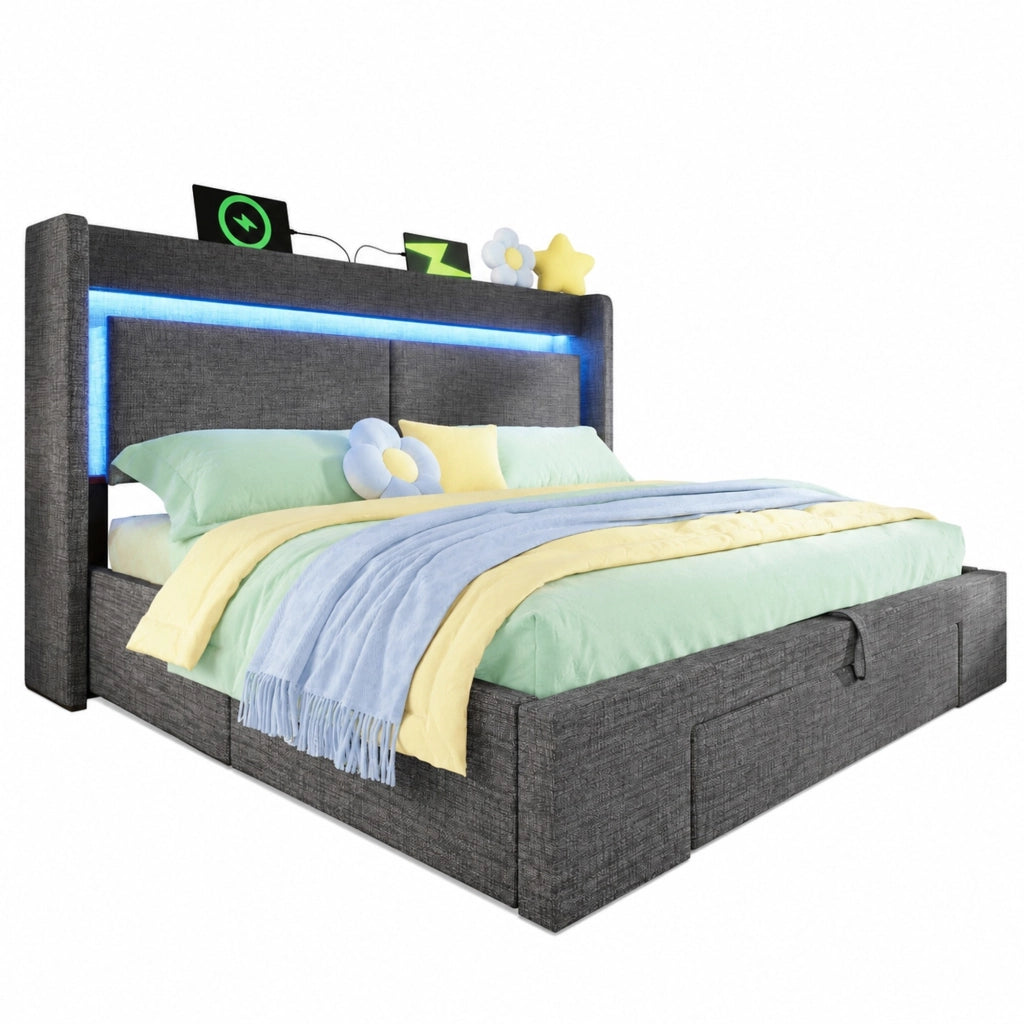 Letto matrimoniale imbottito 160x200 cm con contenitore idraulico, LED, USB e USB-C, grigio