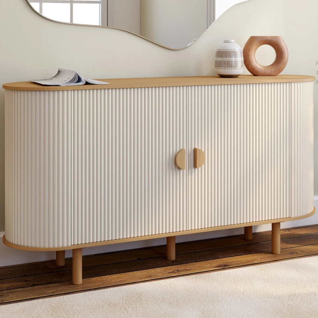 IDMarket - Credenza KANEL a 2 ante beige e legno effetto scanalato da 140 cm
