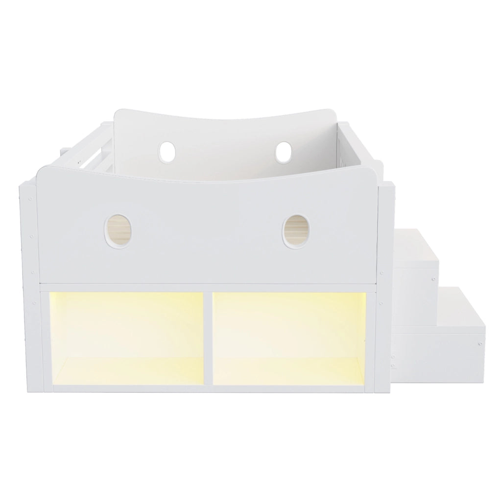 Letto singolo per bambini 90x200 cm con cassetti; LED; USB-C e sponde; bianco