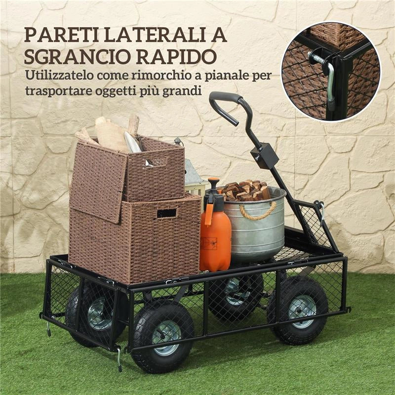 CARRELLO DA GIARDINO IN ACCIAIO DA 114L CON SACCA PORTAOGGETTI E PARETI RIMOVIBILI 105X51X54 CM NERO