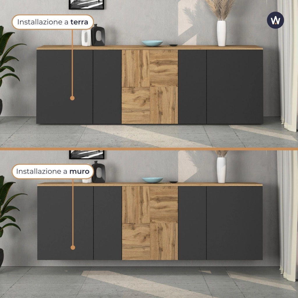 WHOUS Credenza sospesa Iseo con 5 ante e 10 scomparti interni antracite opaco e rovere 200x35x70 cm