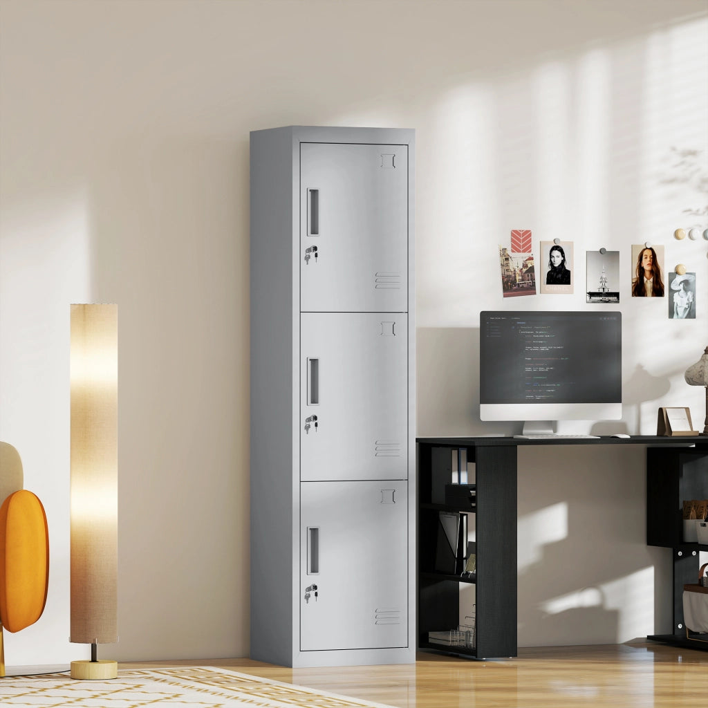 Armadio per Ufficio 45x38x180 cm a 3 Porte Indipendenti con Serratura e 2 Chiavi in Acciaio Grigio Chiaro