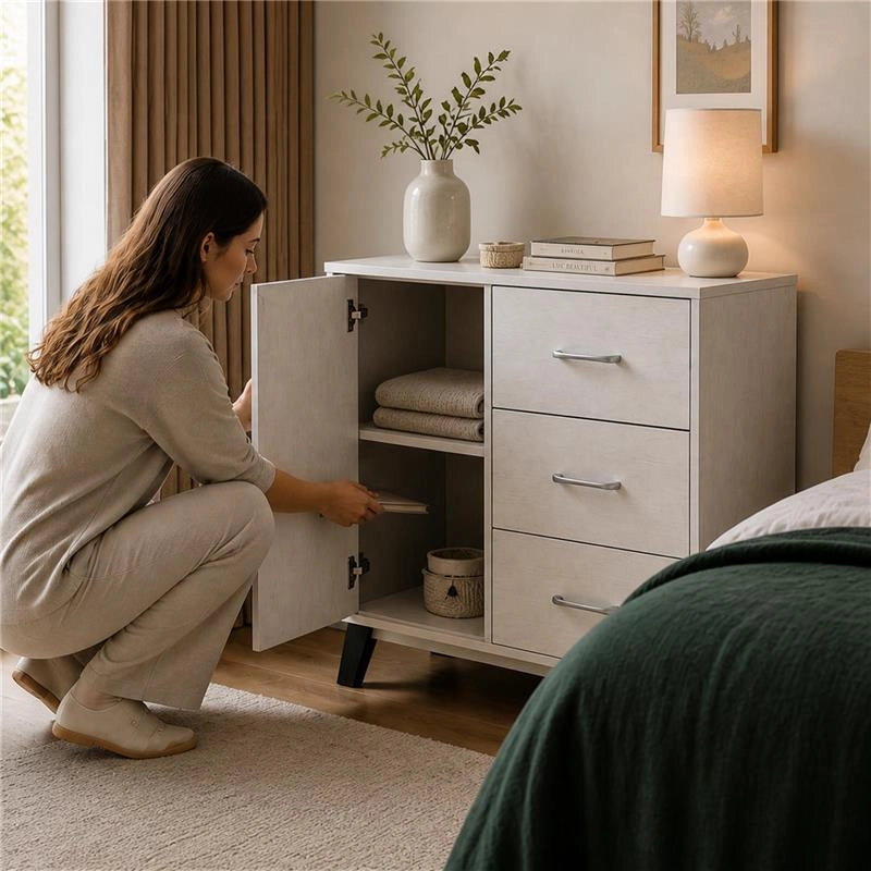 MOBILE MODERNO IN LEGNO CON 3 CASSETTI, 1 ANTA E PIANO D'APPOGGIO COLORE BIANCO DIMENSIONI 80X38X74 CM