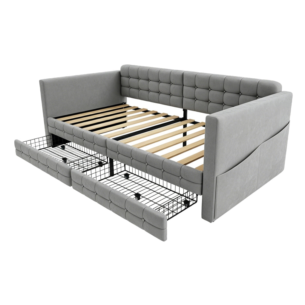 Letto imbottito 90x190 cm con contenitore e tasche in velluto grigio chiaro