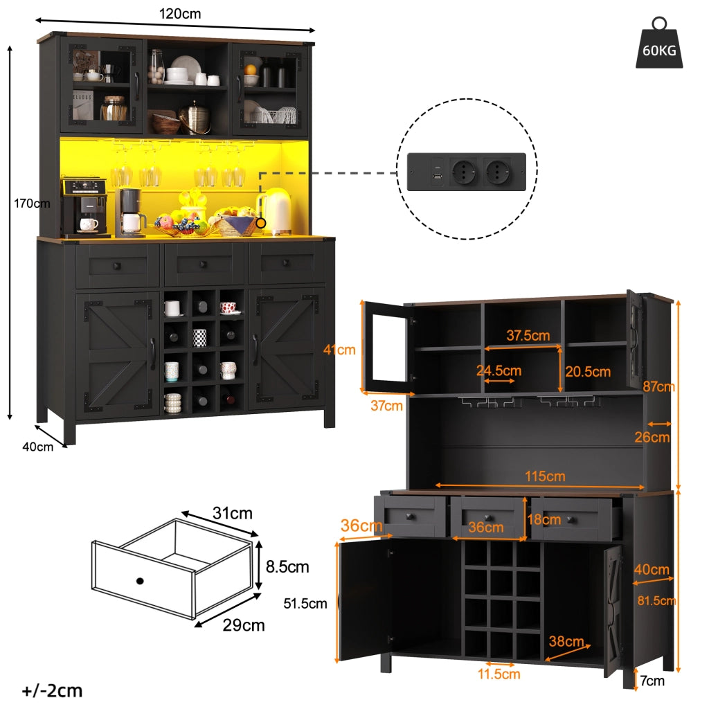 OKWISH Credenza Alta da Cucina con 4 Ante e 3 Cassetti, LED, Prese e Porte USB, per Cucina o Soggiorno, 120×40×170 cm