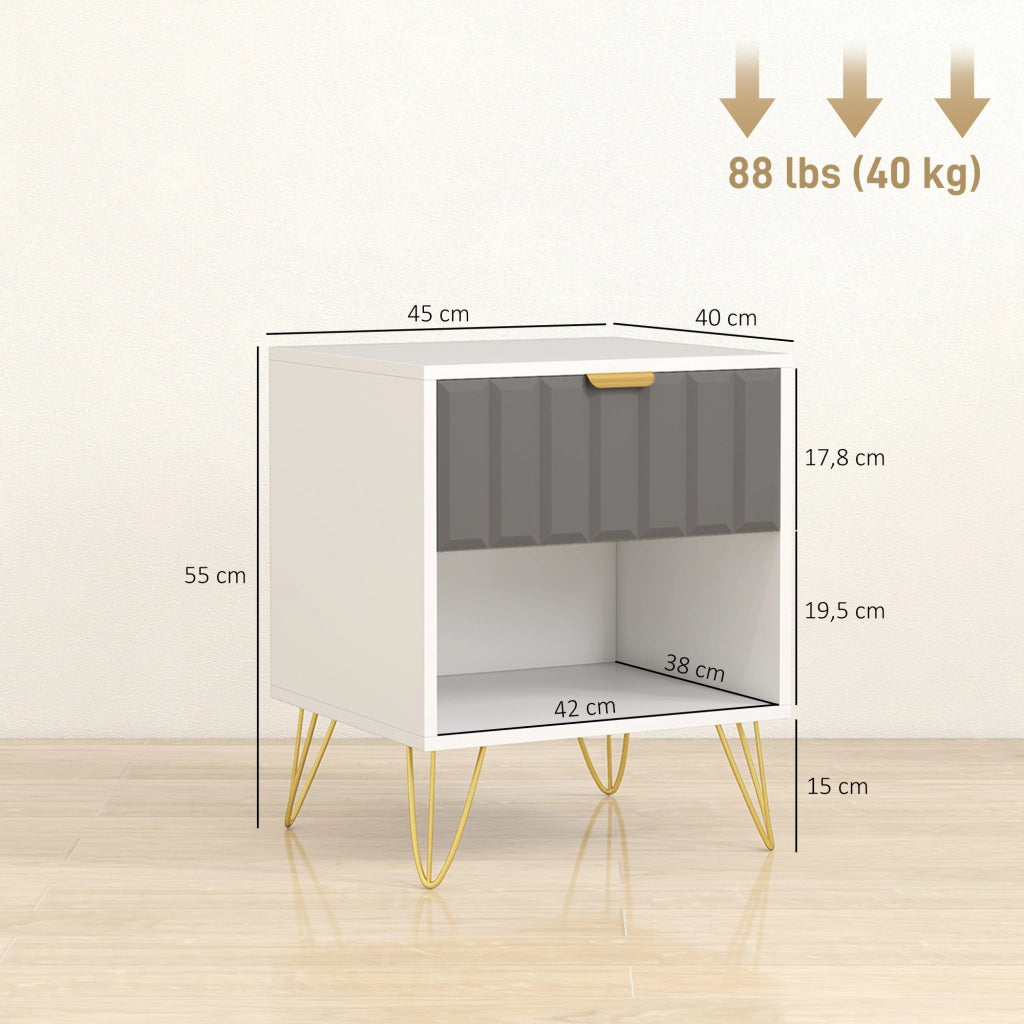 Comodino con cassetto e ripiano aperto ¨C Xylo ¨C bianco, 45x40x55 cm, gambe in acciaio