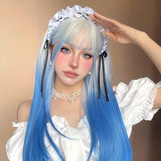 Parrucca a pony di 26 pollici in argento blu, capelli sintetici morbidi, adatta per decorazioni carnevalesche quotidiane, feste di musica, personaggi, naturale aspetto