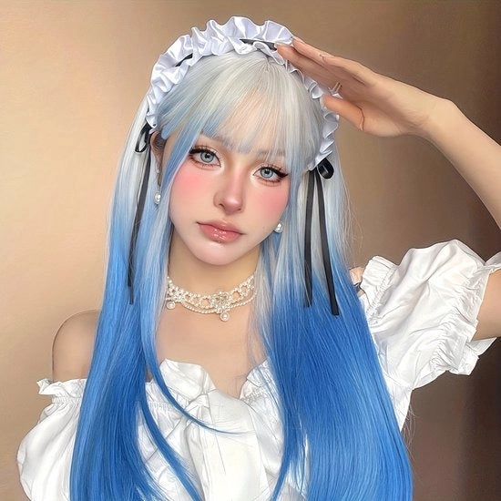 Parrucca a pony di 26 pollici in argento blu, capelli sintetici morbidi, adatta per decorazioni carnevalesche quotidiane, feste di musica, personaggi, naturale aspetto
