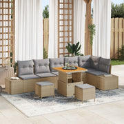 Set Divano da Giardino  9 Pezzi con Cuscini Beige Polyrattan Acacia
