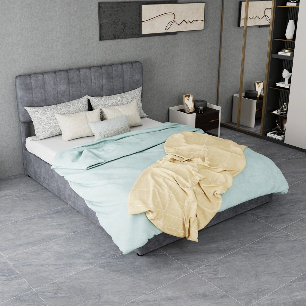 Letto matrimoniale imbottito 140x200 cm in tessuto effetto velluto grigio