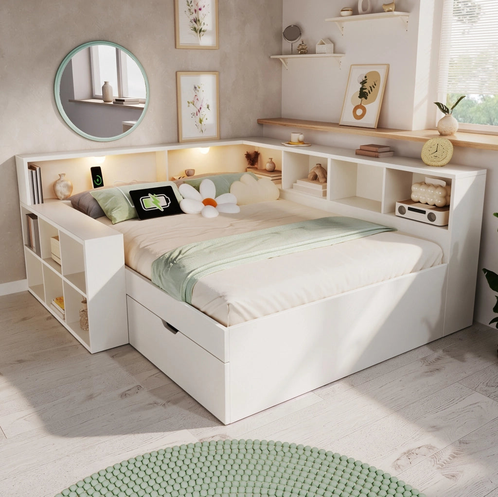 Letto matrimoniale 140x190 cm con cassetti; USB e luci integrate; in truciolare; MDF e compensato; bianco