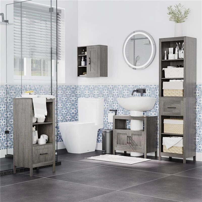 PENSILE BAGNO CON 3 RIPIANI APERTI E ARMADIETTO IN LEGNO TRUCIOLARE, 48X20X50CM, GRIGIO