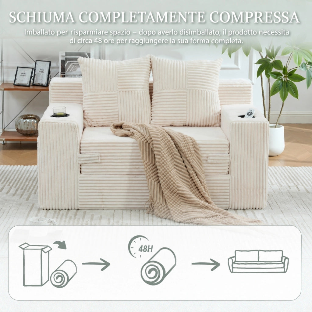 Divano letto a due posti beige in velluto a coste con contenitori laterali