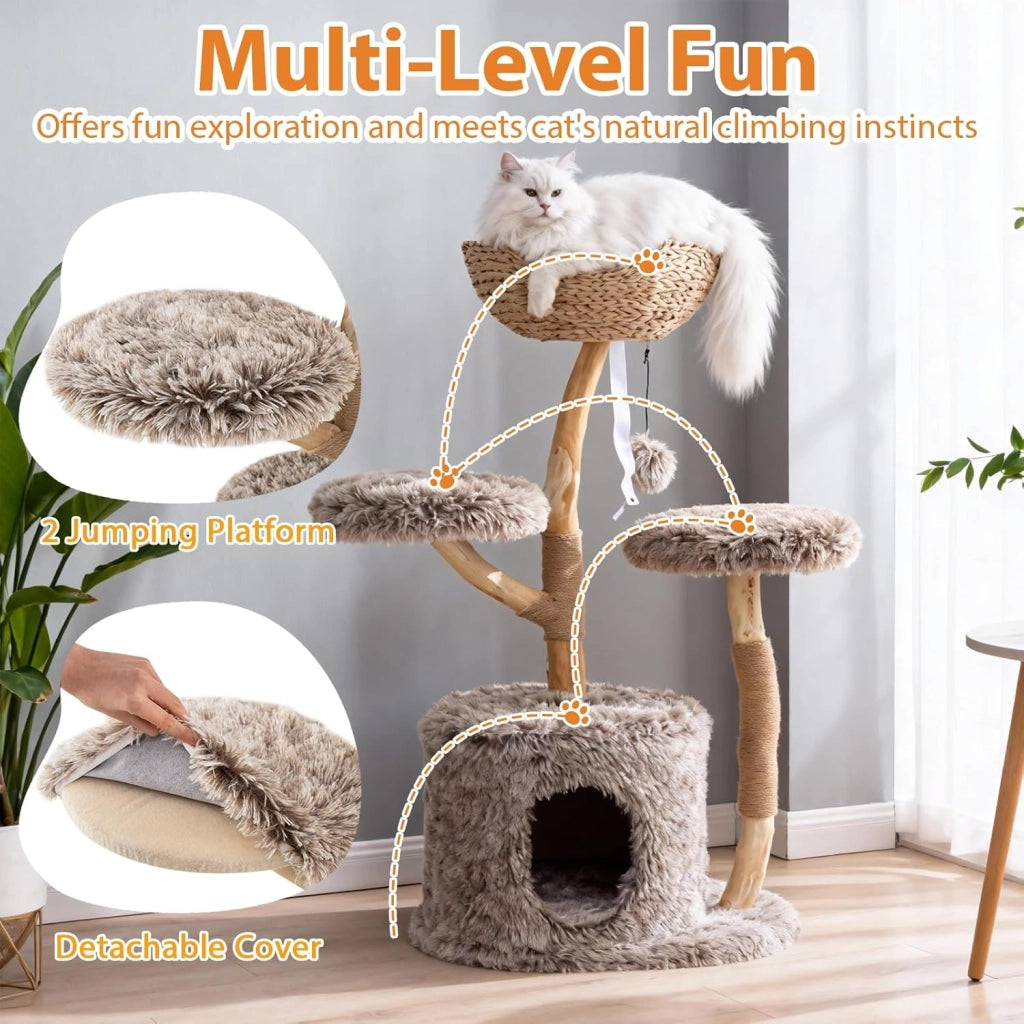 Tiragraffi per Gatti in Legno, 105 cm con 2 Posatoi e 1 Cuccia Grotta in Peluche, 1 Cesto di Vimini, 1 Pompon, Corda in Juta e Tronchi Naturali, Alberi per Gatti Stabile, Marrone